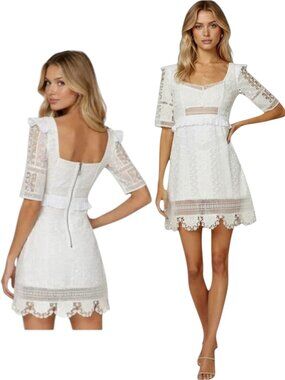 For Love & Lemons Amandine Mini Dress Ivory Embroidered Lace XS